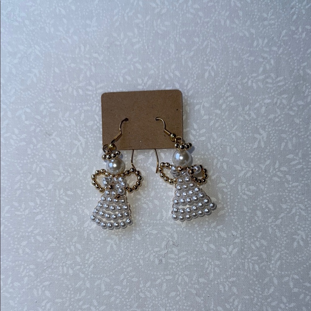 Gold toned and White beaded‎ Angel Drop Earrings